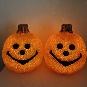 Set Of 2 Melted Plastic Popcorn Pumpkins Halloween SEASONS Brand JACK-O-LANTERNS